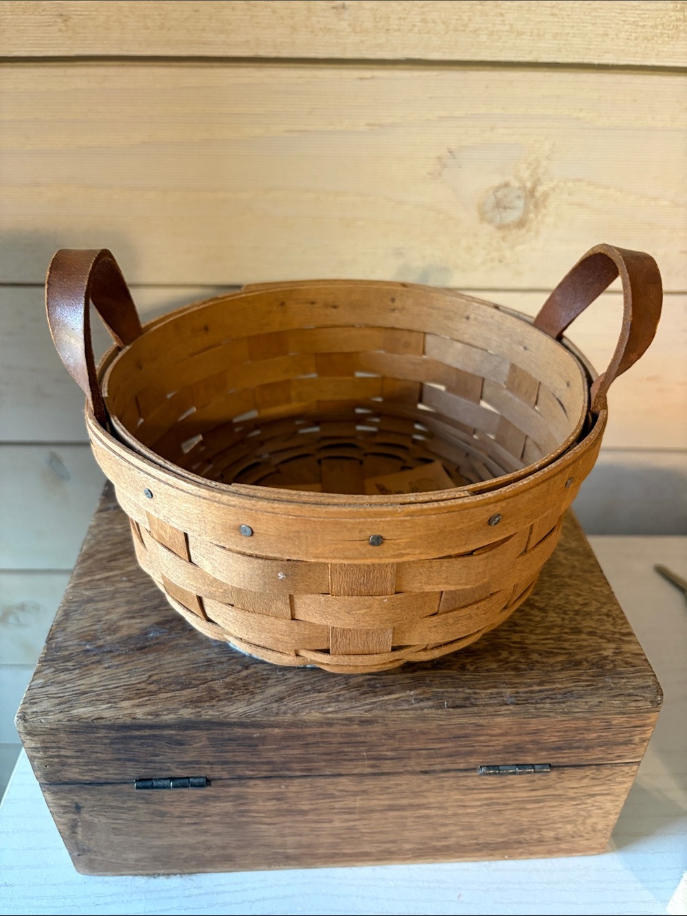 Longaberger Brown Woven Basket with Leather Handles